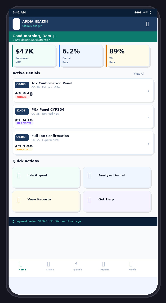 Ardia Health Mobile App screenshot — iOS/Android claim management app with denial queue, appeal status, and revenue tracking